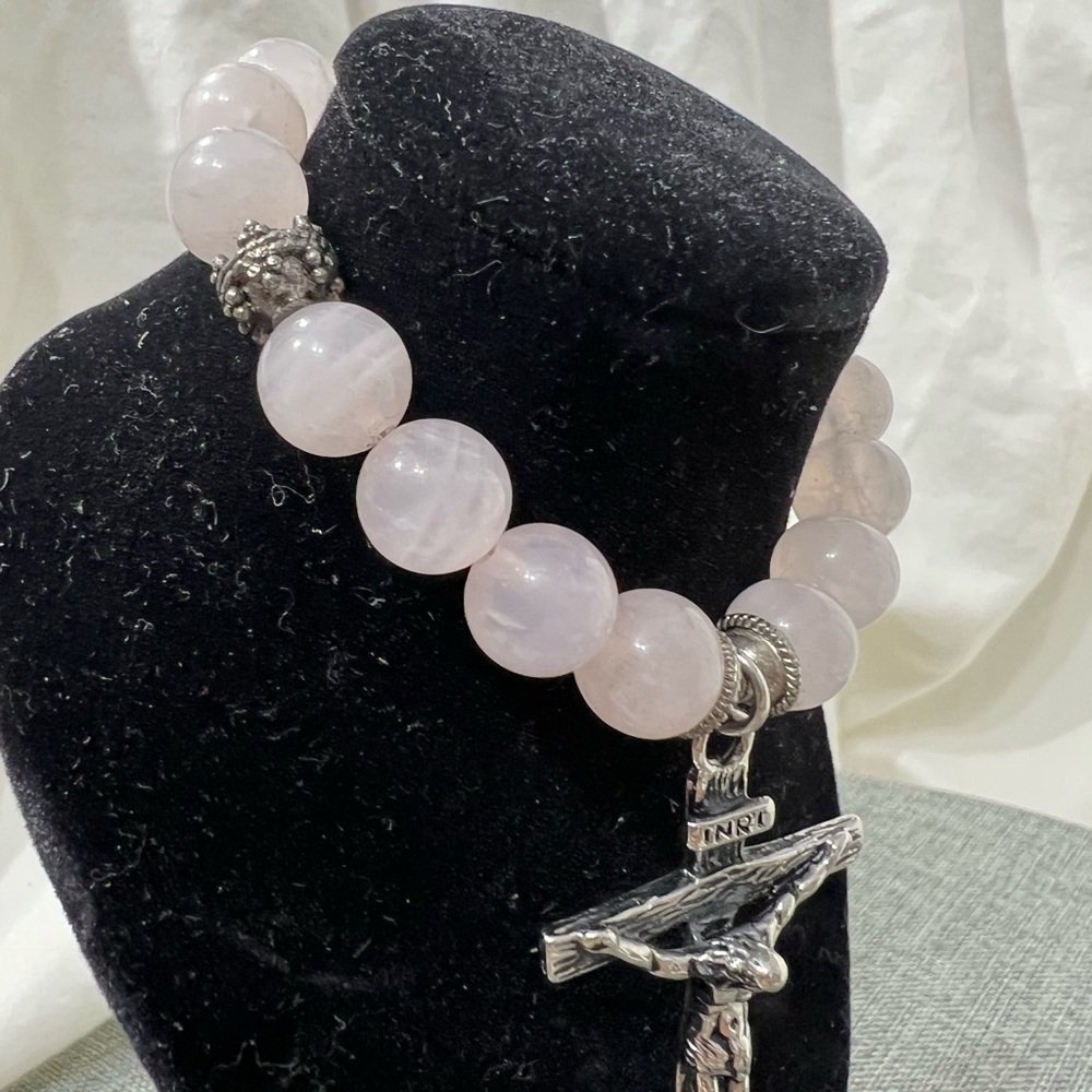Rosary" Bracelet Rose Quartz Stone with Cross Stainless Steel Silver ☑️ - Picture 5 of 14